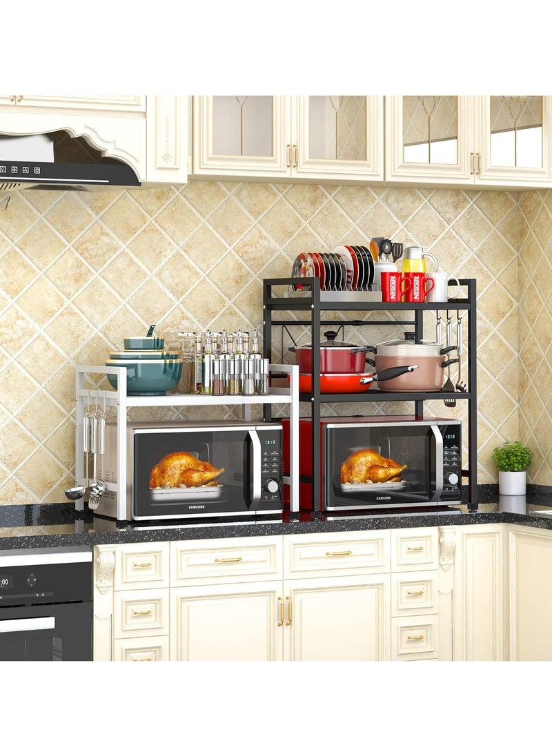 Generic - Extendable Microwave Oven Rack, Adjustable Microwave/Toaster Shelf Heavy Duty Stand Kitchen Counter Top Organizer, 3-Tier with 6 Hooks, Black - Image 1