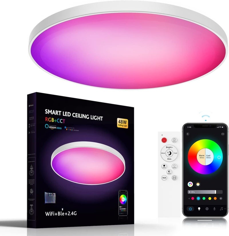 مصباح سقف ذكي 48 واط 37.5 سم دائري قابل للتعتيم أبيض RGBIC LED - متزامن مع الموسيقى بلوتوث واي فاي متوافق مع أليكسا لغرفة النوم وغرفة المعيشة - Image 1