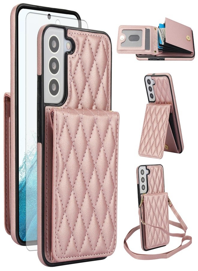 Asuwish Phone Case for Samsung Galaxy S22 Plus S22+ 5G Wallet Cover with Screen Protector Credit Slot Card Holder Crossbody Strap Stand RFID Blocking S22+5G S22plus 22S + S 22 22+ Women Men Girls Rose Gold - Image 1