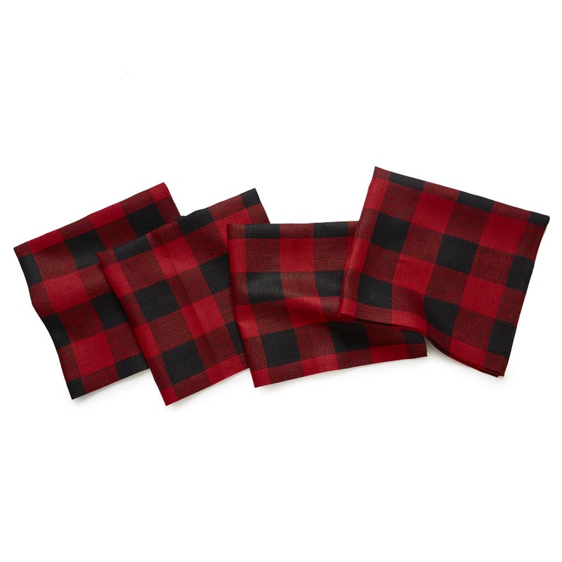 سولينو هوم Solino Home Buffalo Check Linen Fadingles مجموعة من 4 - 100 ٪ من الكتان النقي الأحمر والأسود المناديل المنقوشة 20 × 20 بوصة - مناديل عشاء قابلة للغسل للآلة لفصل الشتاء - Image 1