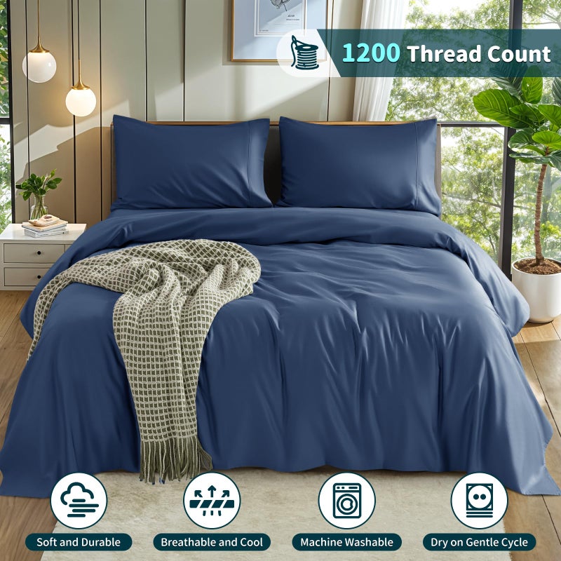 LBRO2M 100 ٪ Cotton 1200 COUNT COUNT SIZE SIZE SETED SET 16 بوصة ورقة سرير سرير عميق 4 قطع (NAVY Blue King) - Image 4