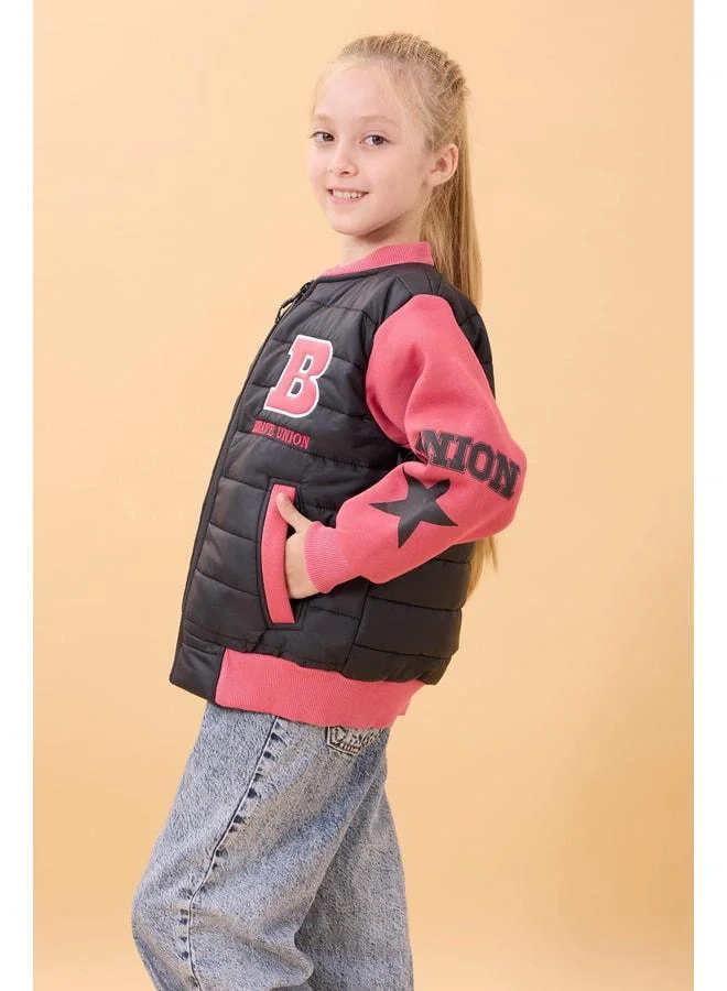 Perendi Girl's Plush-Lined Quilted College Jacket – Black.