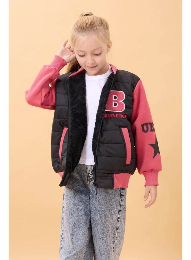 Perendi Girl's Plush-Lined Quilted College Jacket – Black.