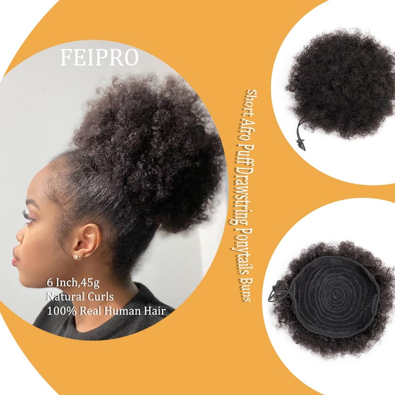 FEIPRO Afro Puff Drawstring Ponytail Human Hair 8a Brazilian Virgin Hair 2 Clip In Natural Kinky Curly Puffs Updo Chignon Buns Extension for Black Women Girls 12 Inch #1B Natural Black - Image 4