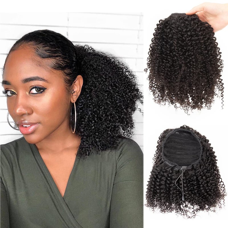 FEIPRO Afro Puff Drawstring Ponytail Human Hair 8a Brazilian Virgin Hair 2 Clip In Natural Kinky Curly Puffs Updo Chignon Buns Extension for Black Women Girls 12 Inch #1B Natural Black - Image 1