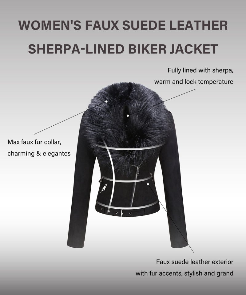 Bellivera Women's Faux Suede Leather Jacket Motocycle Sherpa-Lined Coat with Detachable Fur Collar 8830 Black M - Image 3