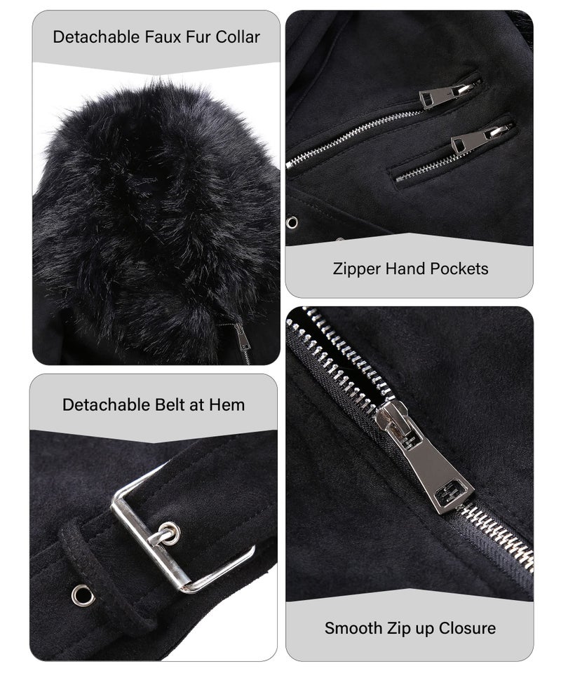Bellivera Women's Faux Suede Leather Jacket Motocycle Sherpa-Lined Coat with Detachable Fur Collar 8830 Black M - Image 4