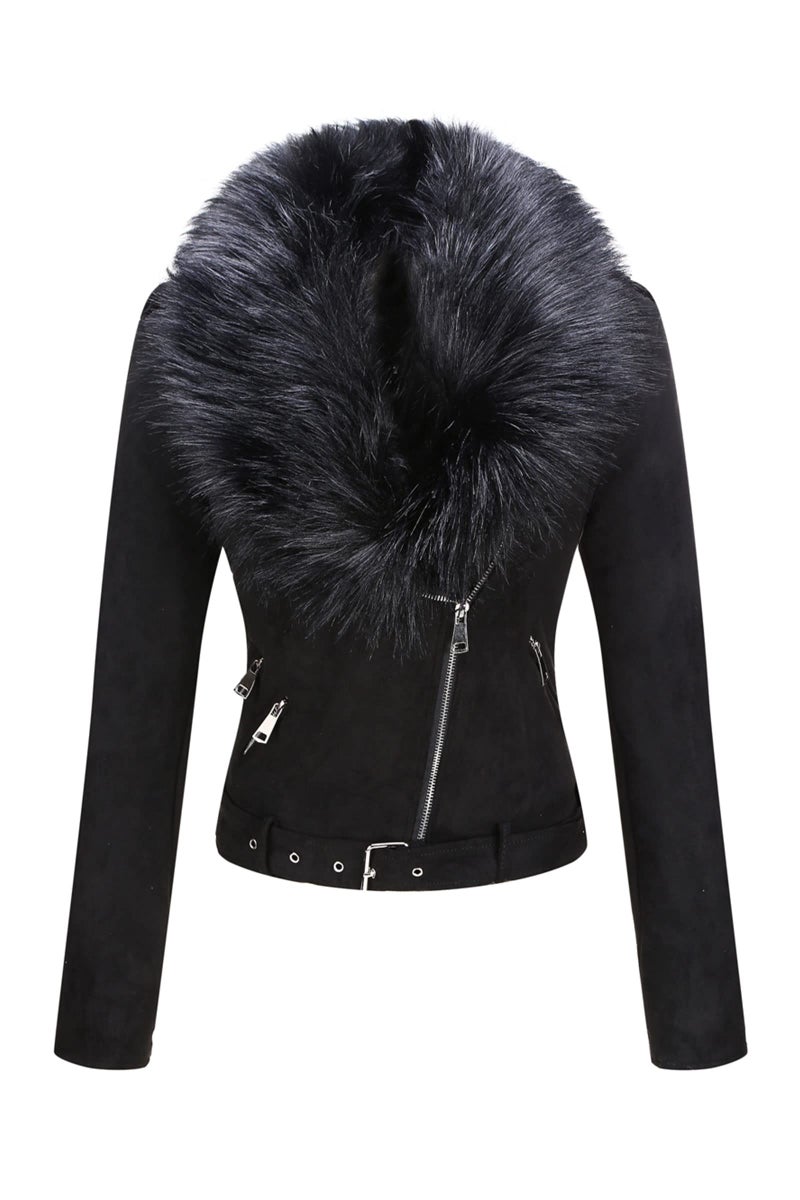 Bellivera Women's Faux Suede Leather Jacket Motocycle Sherpa-Lined Coat with Detachable Fur Collar 8830 Black M - Image 1