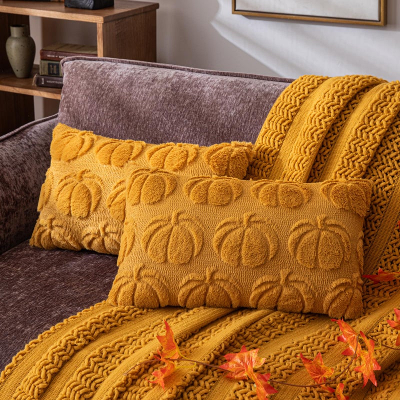 Cosibono Pumpkin Fall Decorative Covative Coversing 12 "X20" مجموعة من 2 خردل من أغطية وسادة الفراء الناعمة الصفراء لحصاد الخريف رقيقة وفرة سادة للحالات لمزرعة هالوين ديكور - Image 1