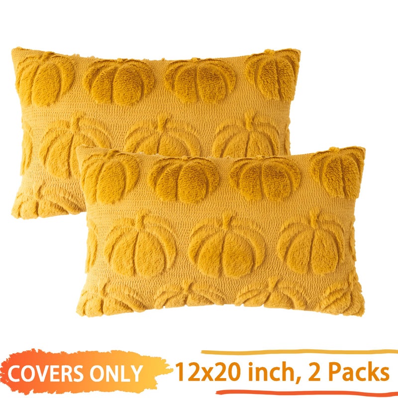 Cosibono Pumpkin Fall Decorative Covative Coversing 12 "X20" مجموعة من 2 خردل من أغطية وسادة الفراء الناعمة الصفراء لحصاد الخريف رقيقة وفرة سادة للحالات لمزرعة هالوين ديكور - Image 4