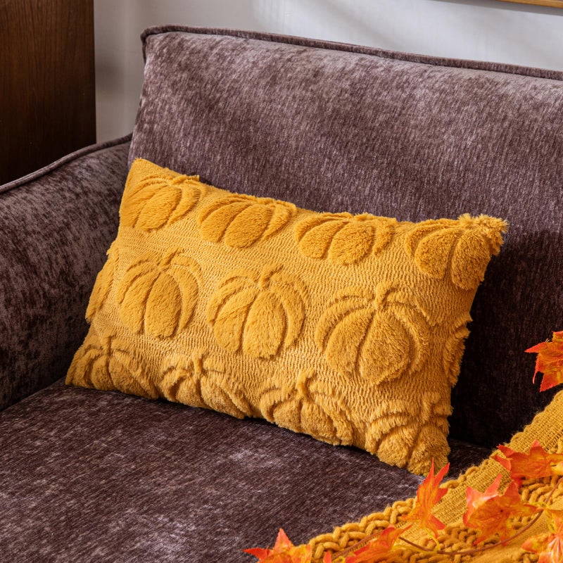 Cosibono Pumpkin Fall Decorative Covative Coversing 12 "X20" مجموعة من 2 خردل من أغطية وسادة الفراء الناعمة الصفراء لحصاد الخريف رقيقة وفرة سادة للحالات لمزرعة هالوين ديكور - Image 5