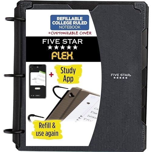 Five Star Flex Refillable Notebook + Study App, College Ruled Paper and 1 Inch TechLock Ring Binder with Customizable Cover, Pockets, Tabs and Dividers, 200 Sheet Capacity, Black (29326AA2) - Image 1