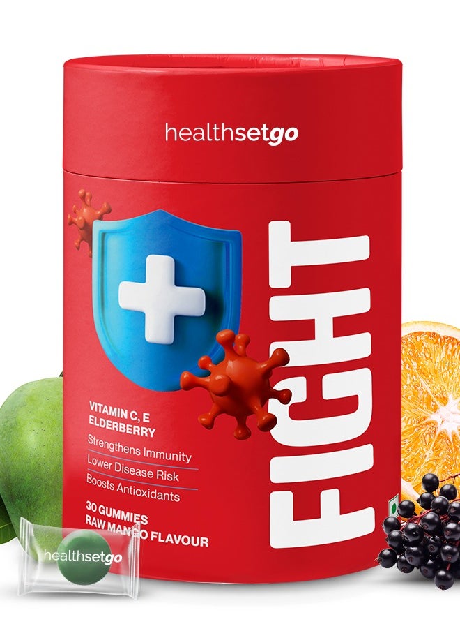 healthsetgo Immunity Gummies for Kids | Vitamin C, E & Zinc | Elderberry Antioxidant | Low Calories | Vegan, Gluten, Gelatin Free | Mango Flavour | 30 Pack  - Image 1