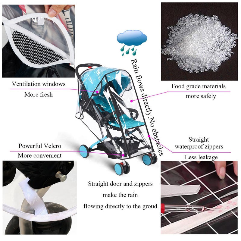 AncBace Baby Stroller Rain Cover Umbrella Weather Shield Accessories Universal Size Protect from Rain Wind Snow Dust Water Proof Ventilate Clear Food Grade Materia EVA Plastic Zipper Black (Small) - Image 3