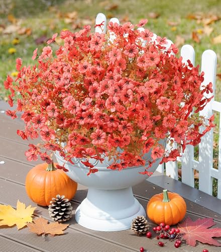florisso Artificial Fall Flowers Fake Mums for Outdoor Autumn Decoration, 12 Bundles Faux Silk Orange Yellow Mums Daisy Look Real UV Resistant for Outside Home Porch Patio Planter - Image 2
