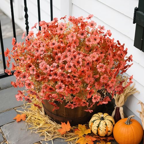 florisso Artificial Fall Flowers Fake Mums for Outdoor Autumn Decoration, 12 Bundles Faux Silk Orange Yellow Mums Daisy Look Real UV Resistant for Outside Home Porch Patio Planter - Image 3