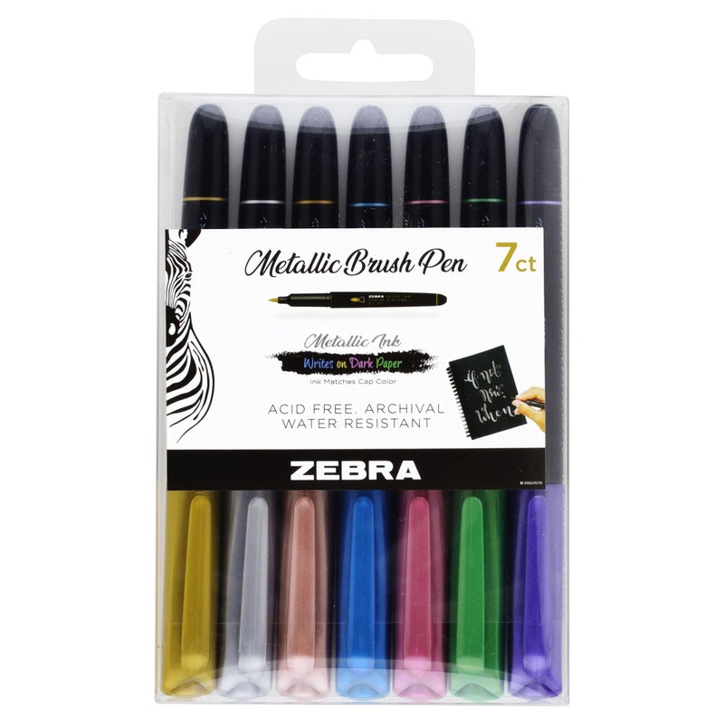 Zebra Pen Metallic Brush Pen Medium Point Pigment Ink Assorted Colors 7Pack 01607