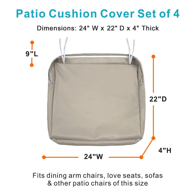 NettyPro Outdoor Cushion Slipcovers Waterproof 4 Pack Patio Chair Seat Cushion Covers with Zipper and Tie, 24 x 22 x 4 Inch, Replacement Cover Only, Khaki - Image 5