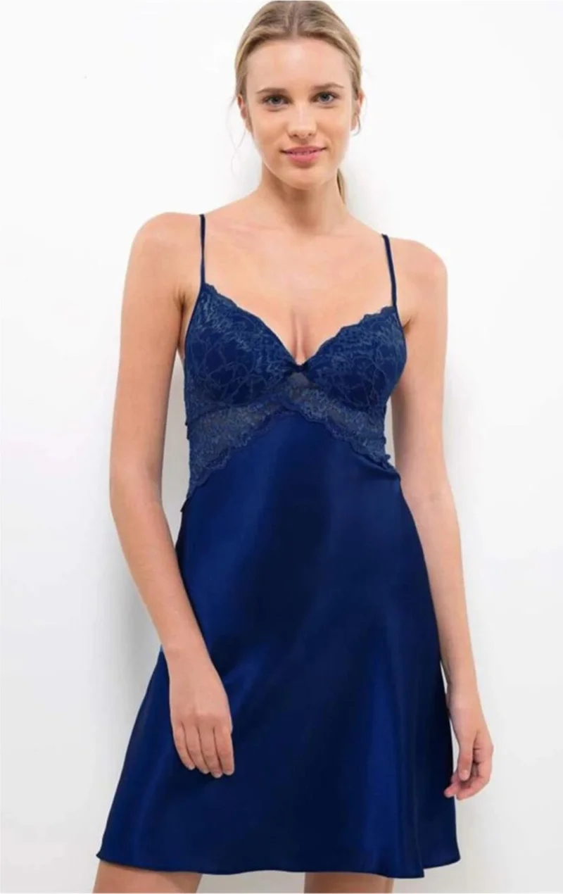 بيير كاردان 608 Women's Chiffon Lace Nightgown - Navy Blue