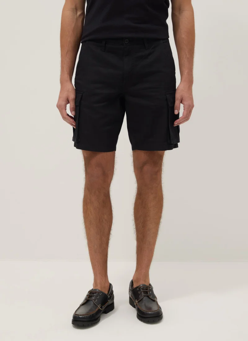 او في اس OVS Black Pure Cotton Cargo Shorts, Regular Fit