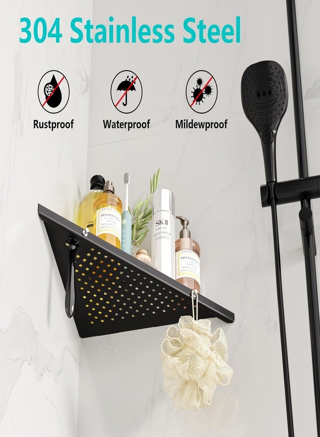 Qeke 10" Bathroom Corner Shelf, 2 Pack Recessed Shower Shelf Caddy, SUS304 Stainless Steel Shelf Wall Mount Triangular, No Drilling Matte Black - Image 2