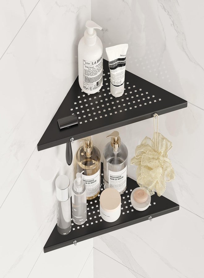 Qeke 10" Bathroom Corner Shelf, 2 Pack Recessed Shower Shelf Caddy, SUS304 Stainless Steel Shelf Wall Mount Triangular, No Drilling Matte Black - Image 1