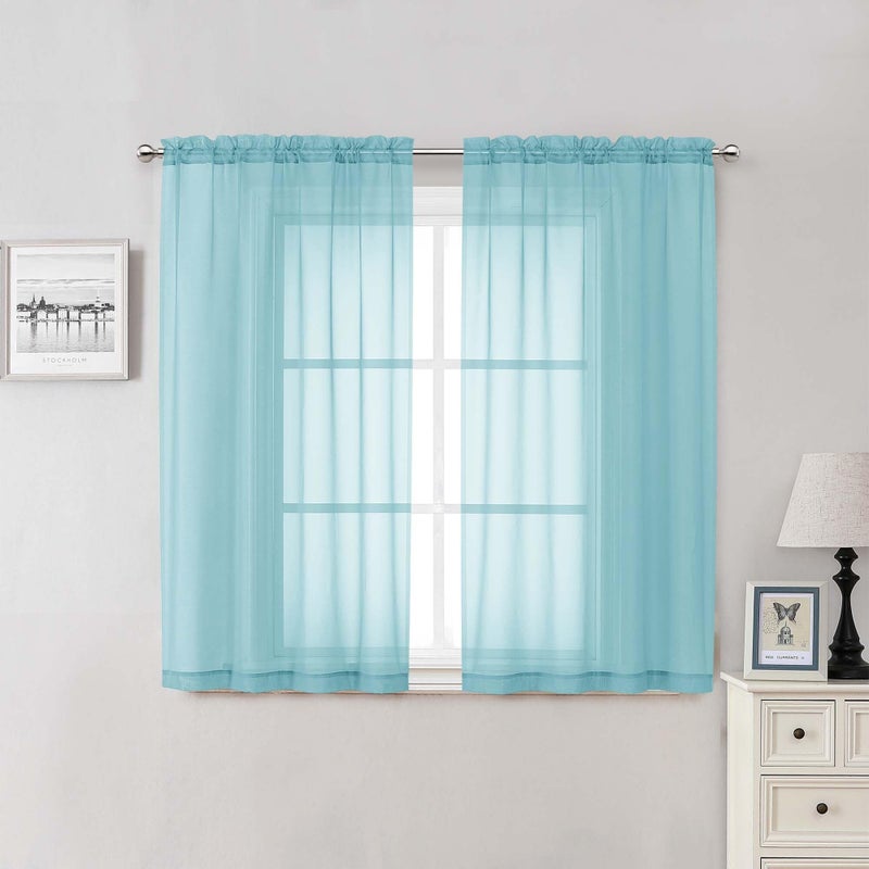Lecloud Aqua Sheer Curtains for Bedroom 54 Inch Length 2 Pcs, Rod Pockets Solid Color Window Curtains for Living Room, Elegant Light Filtering Airy Voile Home Decor Drapes, Each Panel 42" W x 54" L - Image 1