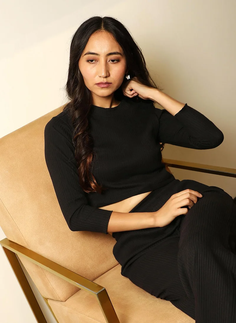 PINACOLADA Women's Midnight Black Ribbed Co-Ord Set For Casual Wear | Crew Neck | Long Sleeve | Pull On Closure | Co-Ords Designed With Comfort Fit For Woman & Girls