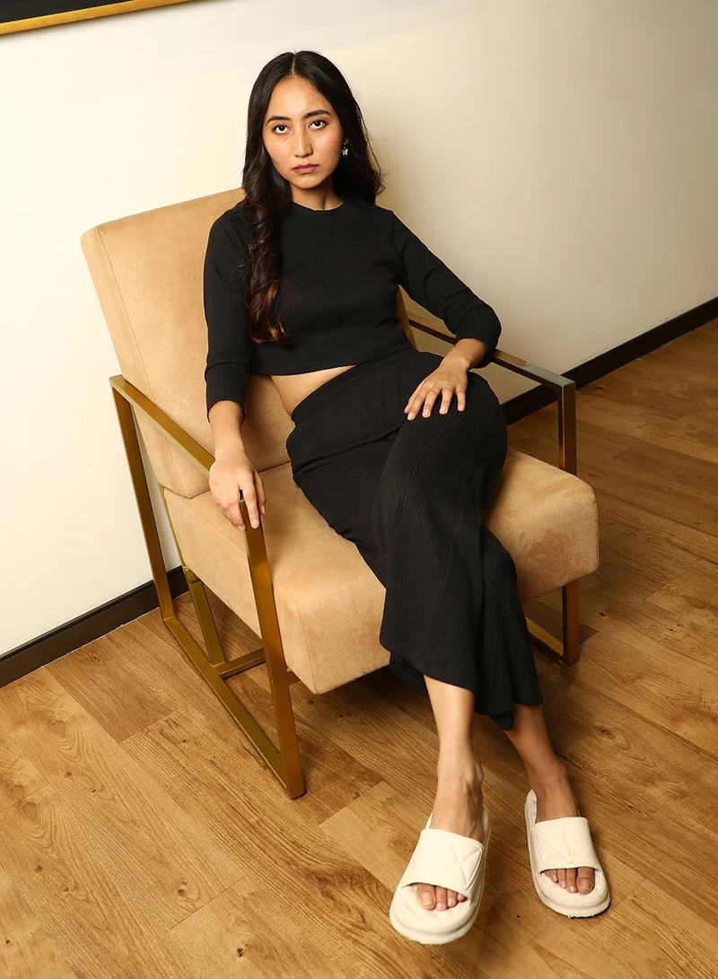 PINACOLADA Women's Midnight Black Ribbed Co-Ord Set For Casual Wear | Crew Neck | Long Sleeve | Pull On Closure | Co-Ords Designed With Comfort Fit For Woman & Girls