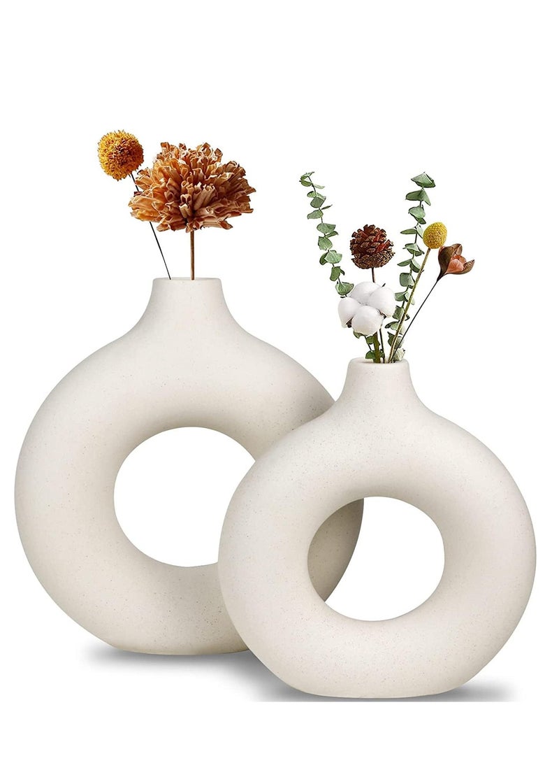 RATSAW 2 Modern Circle Ceramic Vases Off White for Nordic Minimalism Style Decor Wedding Dinner Table Party Living Room Office Bedroom  - Image 1