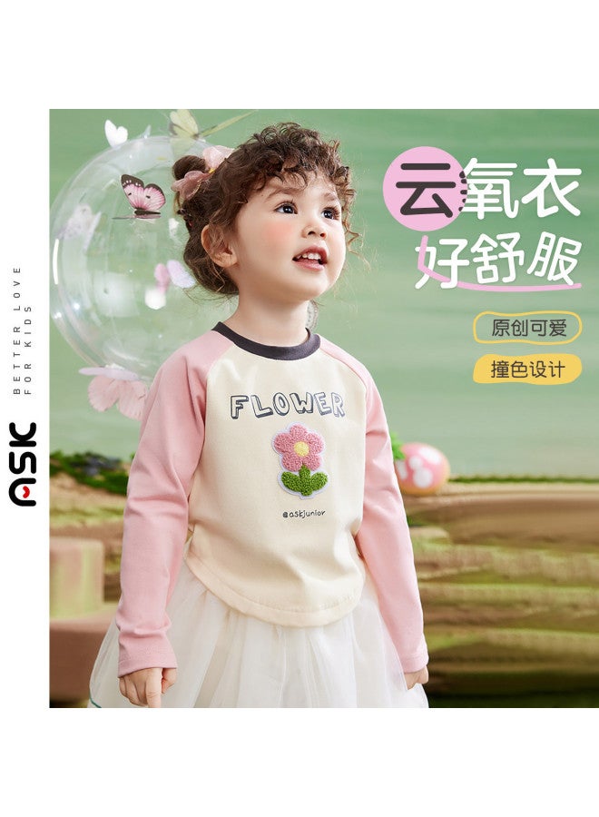 ASK JUNIOR Girls' Long Sleeve T-shirt Autumn New Arrival Fashion Color-blocking Casual Raglan Sleeve Kids' Base Layer T-shirt - Image 2