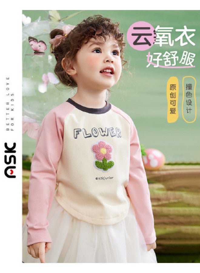 ASK JUNIOR Girls' Long Sleeve T-shirt Autumn New Arrival Fashion Color-blocking Casual Raglan Sleeve Kids' Base Layer T-shirt - Image 1