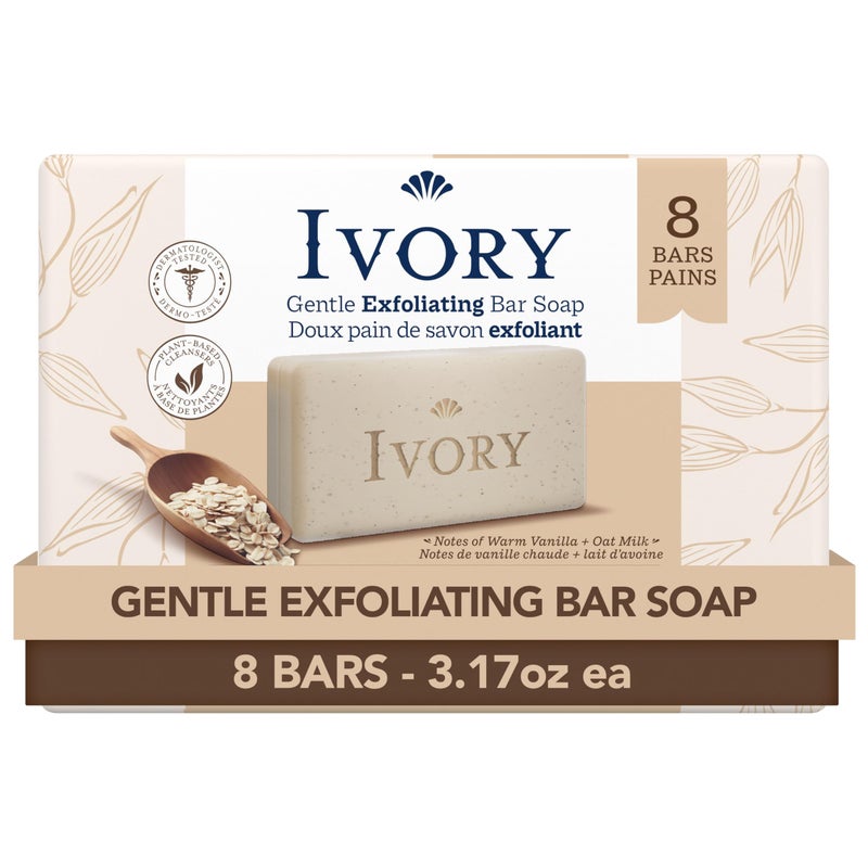 Ivory Exfoliating Bath Bar Soap, Designed for Whole Family with Plant-Based Cleansers, Made Without Heavy Perfumes, Parabens or Phthalates, Warm Vanilla + Oat Milk Scent, 3.17 oz (8 Count) - Image 1