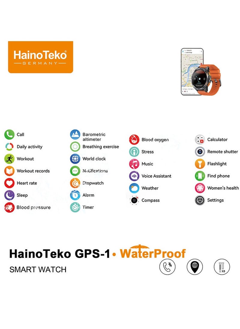 Haino Teko - HainoTeko GPS-1 Waterproof Smartwatch with AMOLED Display Built-in GPS 3 Pair Straps and Charging Cable Designed For Men - Image 1