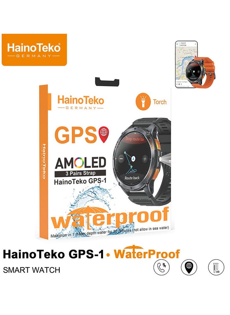 Haino Teko - HainoTeko GPS-1 Waterproof Smartwatch with AMOLED Display Built-in GPS 3 Pair Straps and Charging Cable Designed For Men - Image 1