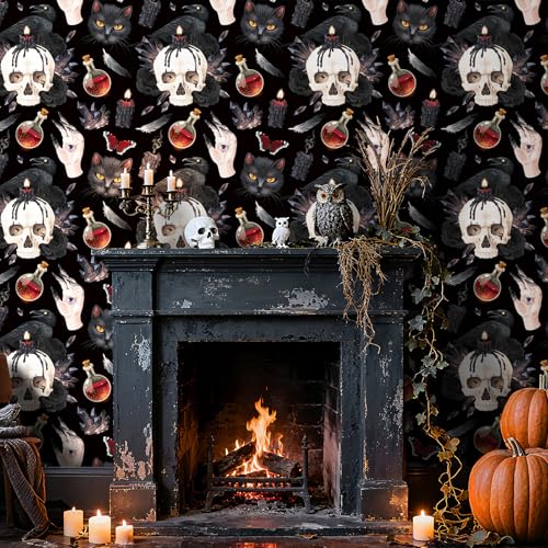 ReWallpaper Gothic Wallpaper Peel and Stick Dark Skull Raven Black Cat Wallpaper Removable Horror Candle Magic Potion Halloween Wall Decor for Living Room Bedroom Bathroom Cabinets Shelves 158inx10ft - Image 1