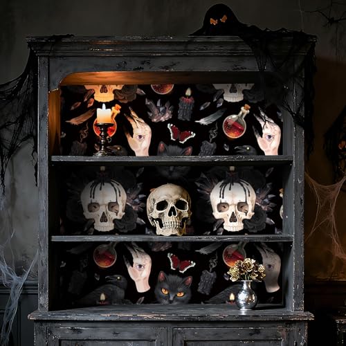 ReWallpaper Gothic Wallpaper Peel and Stick Dark Skull Raven Black Cat Wallpaper Removable Horror Candle Magic Potion Halloween Wall Decor for Living Room Bedroom Bathroom Cabinets Shelves 158inx10ft - Image 3