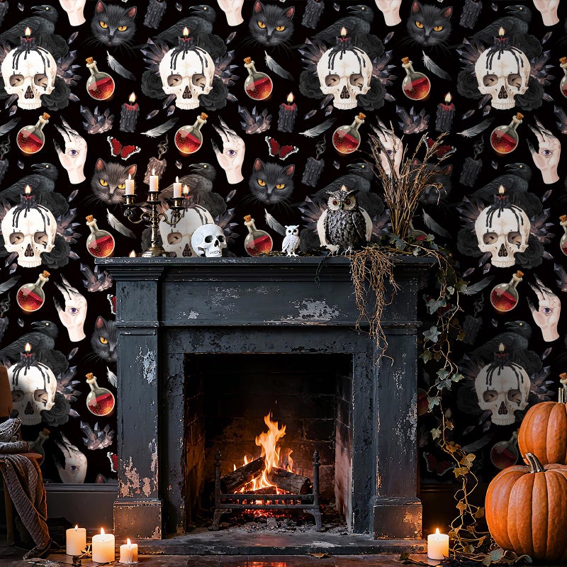 ReWallpaper Gothic Wallpaper Peel and Stick Dark Skull Raven Black Cat Wallpaper Removable Horror Candle Magic Potion Halloween Wall Decor for Living Room Bedroom Bathroom Cabinets Shelves 158inx10ft - Image 2