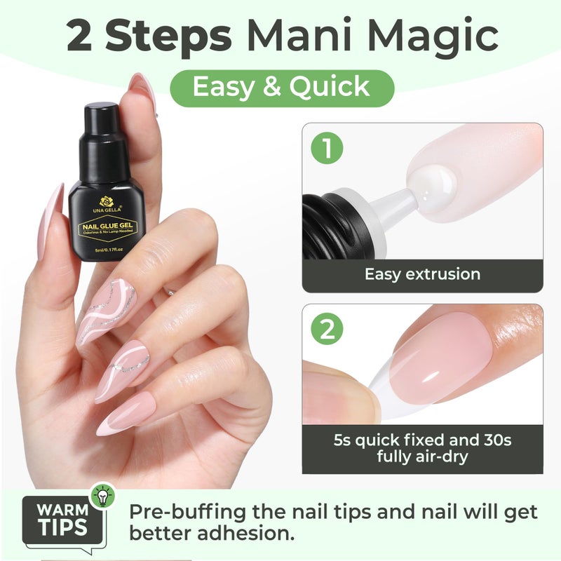 UNA GELLA 5ml Super Strong Gel Nail Glue for Press Ons: No U V Lamp Needed Glue Gel, Travel-Size Nail Adhesive for Press on Nails, Nail Tips&Acrylic Nails-Quick Dry, No Smell, Long-Lasting - Image 2