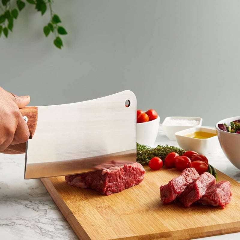 Juvale Meat Cleaver - 8-Inch Stainless Steel Blade, Wood Handle - Heavy-Duty Butcher Knife & Bone Cleaver for Beef Brisket, Meat Cutting & Chopping - Chopping Knife - Image 4