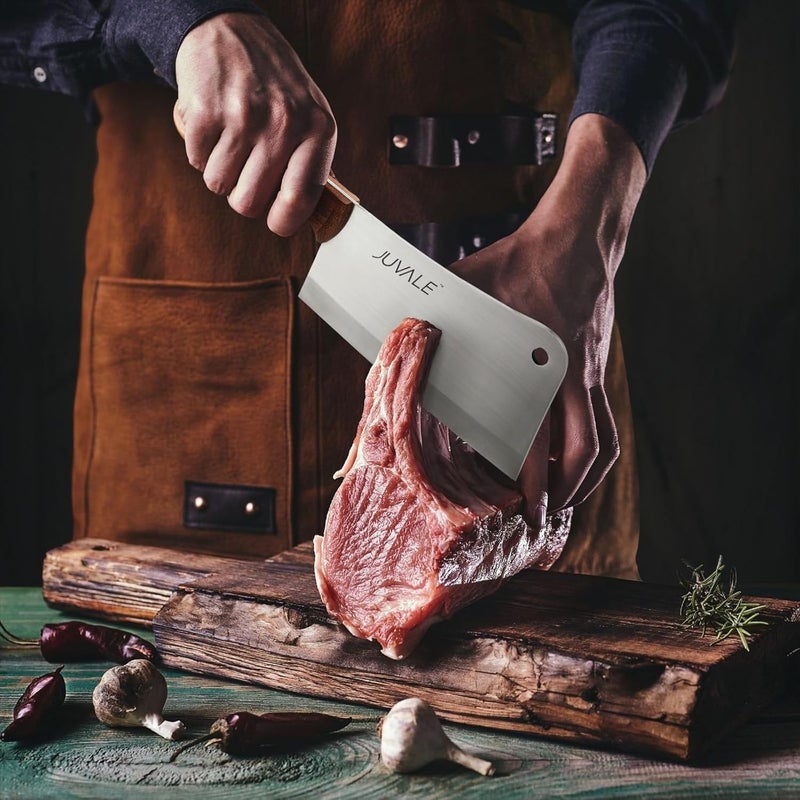 Juvale Meat Cleaver - 8-Inch Stainless Steel Blade, Wood Handle - Heavy-Duty Butcher Knife & Bone Cleaver for Beef Brisket, Meat Cutting & Chopping - Chopping Knife - Image 2