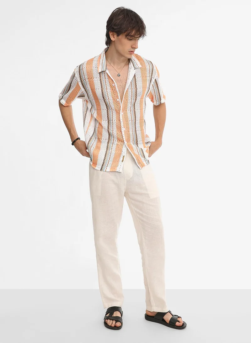 كامبوس سوترا Men's Coral Orange & Saltbox Beige Multitrack Knit Oversized Shirt