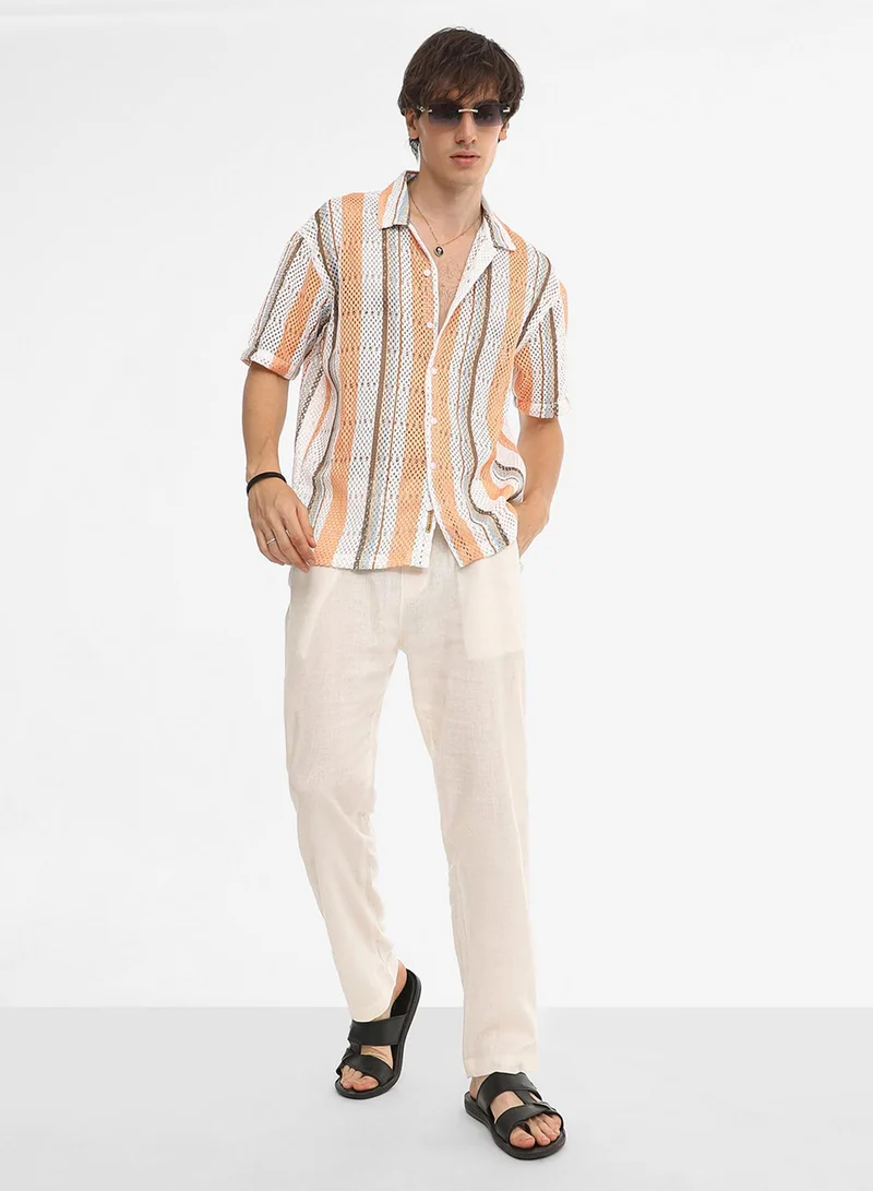 كامبوس سوترا Men's Coral Orange & Saltbox Beige Multitrack Knit Oversized Shirt