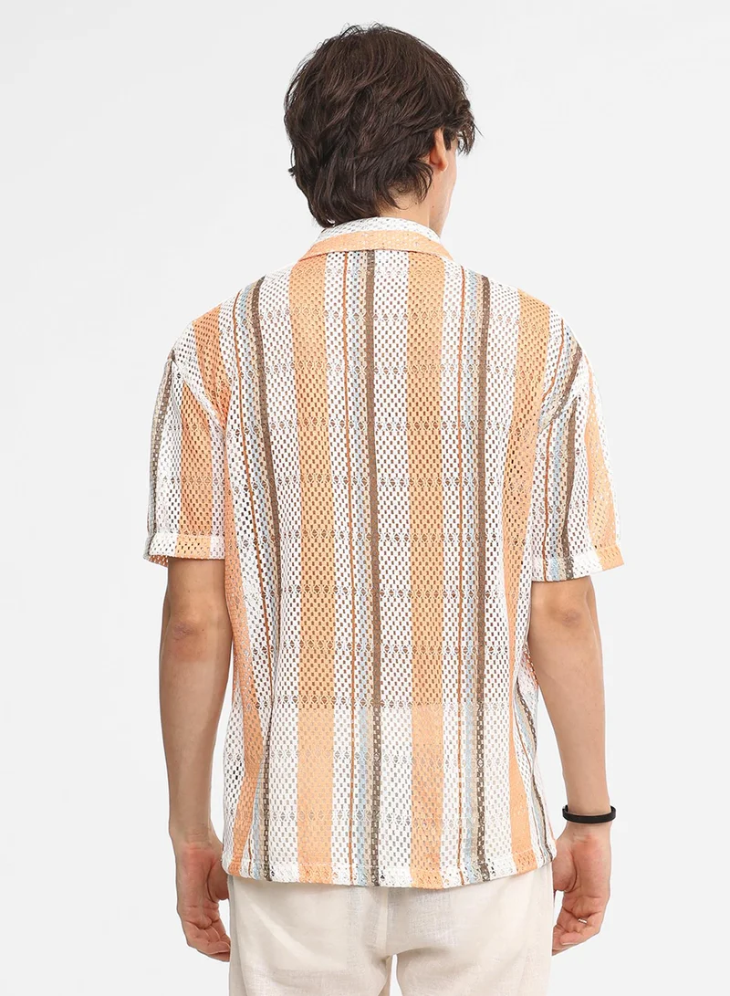 كامبوس سوترا Men's Coral Orange & Saltbox Beige Multitrack Knit Oversized Shirt