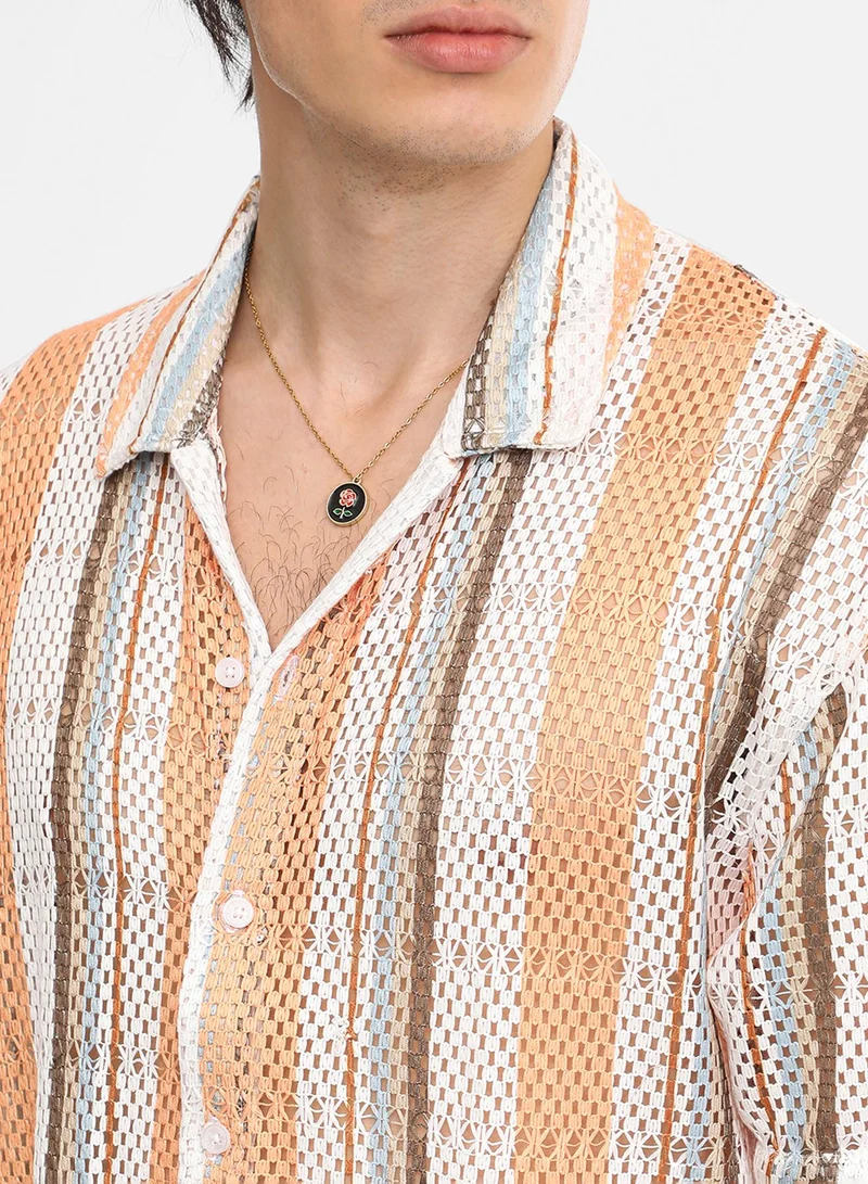 كامبوس سوترا Men's Coral Orange & Saltbox Beige Multitrack Knit Oversized Shirt