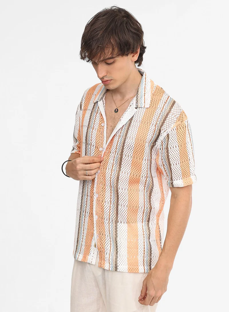 كامبوس سوترا Men's Coral Orange & Saltbox Beige Multitrack Knit Oversized Shirt