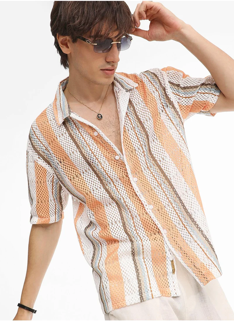كامبوس سوترا Men's Coral Orange & Saltbox Beige Multitrack Knit Oversized Shirt