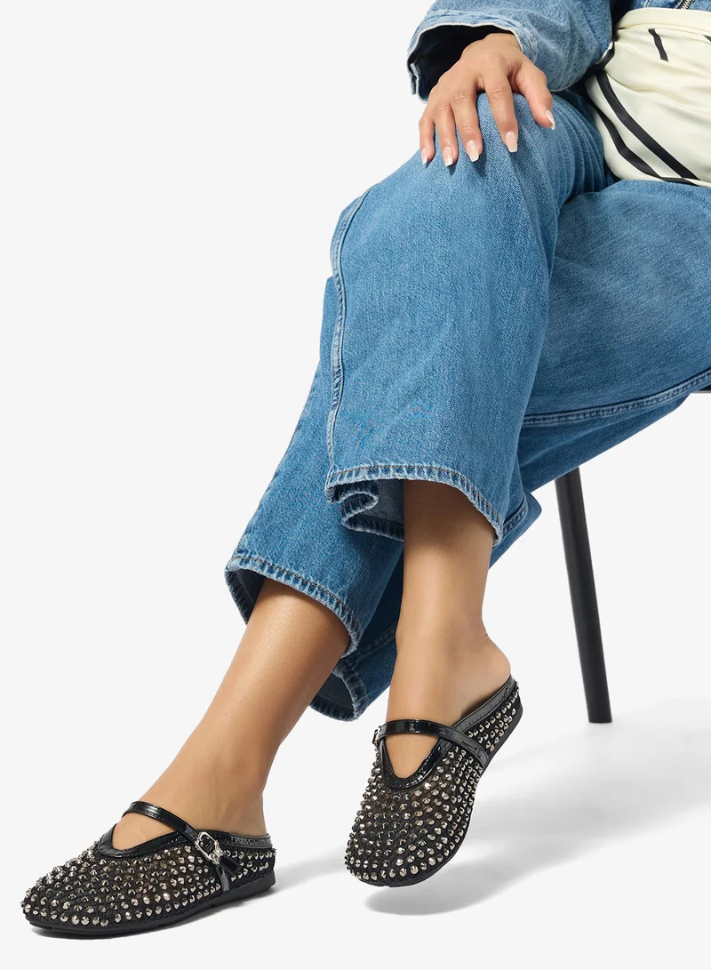 Ginger Black Rhinestone Metal Detail Ballet Flats for Women | Best Price UAE