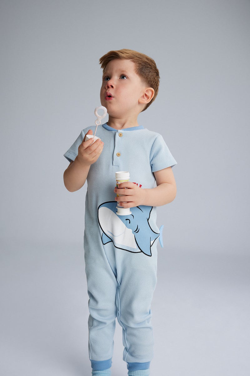 DeFacto Blue BabyBoy Baby Boy Newborn Sea Printed Waffle Jumpsuit Casual - Image 2