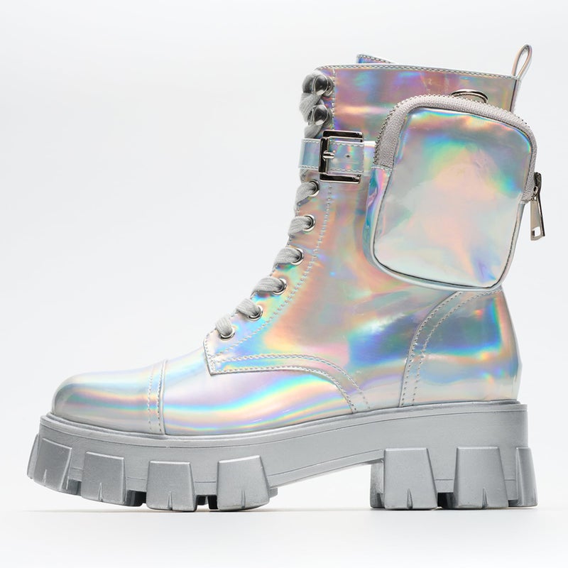 Cape Robbin Women's Combat Boots - Ankle Booties with Side Zipper, Pouch, Chunky Platform & Lace-Up Design (Monalisa) - Holographic 11 - Image 3